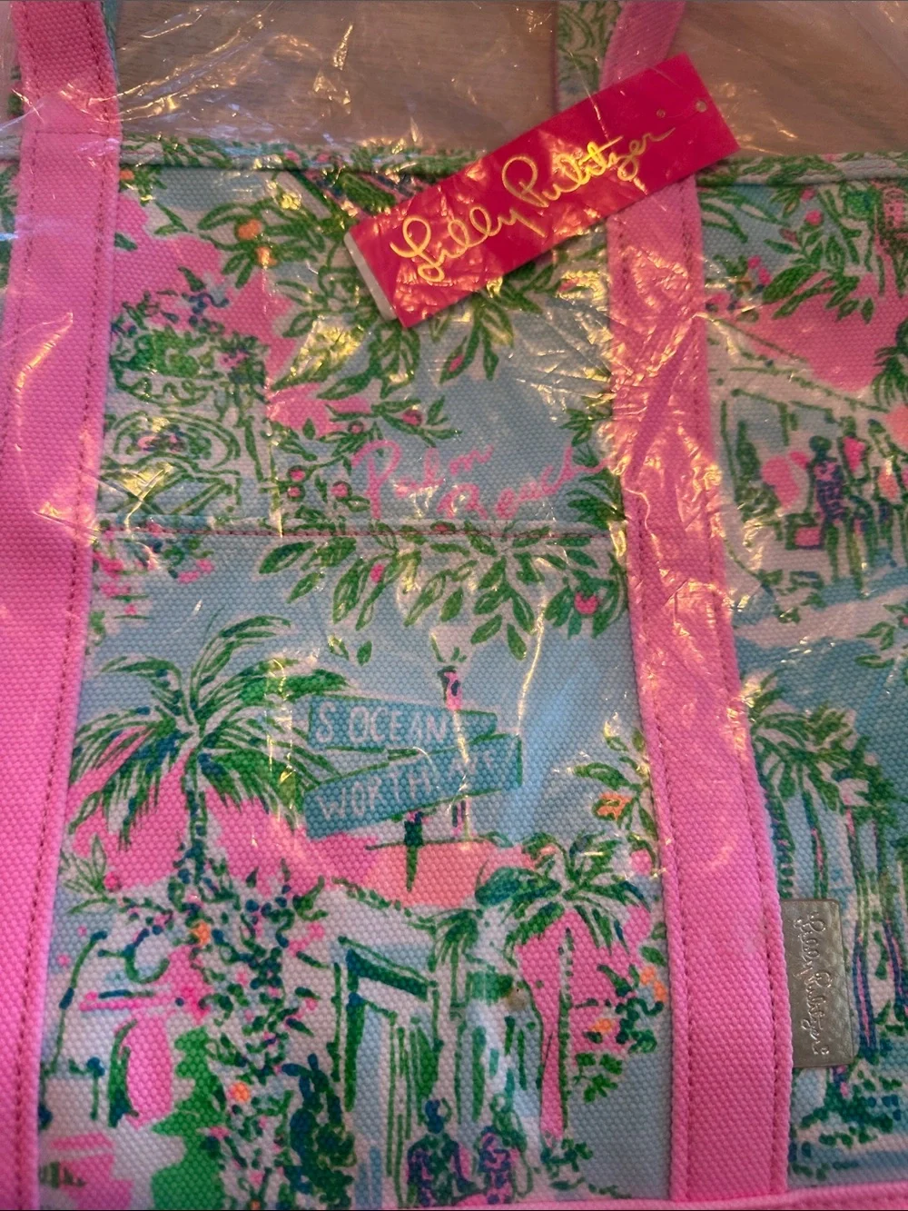 Lilly Pulitzer Mercato Tote Palm Beach Pink and Aqua Scenic Print Tote - Picture 4 of 7